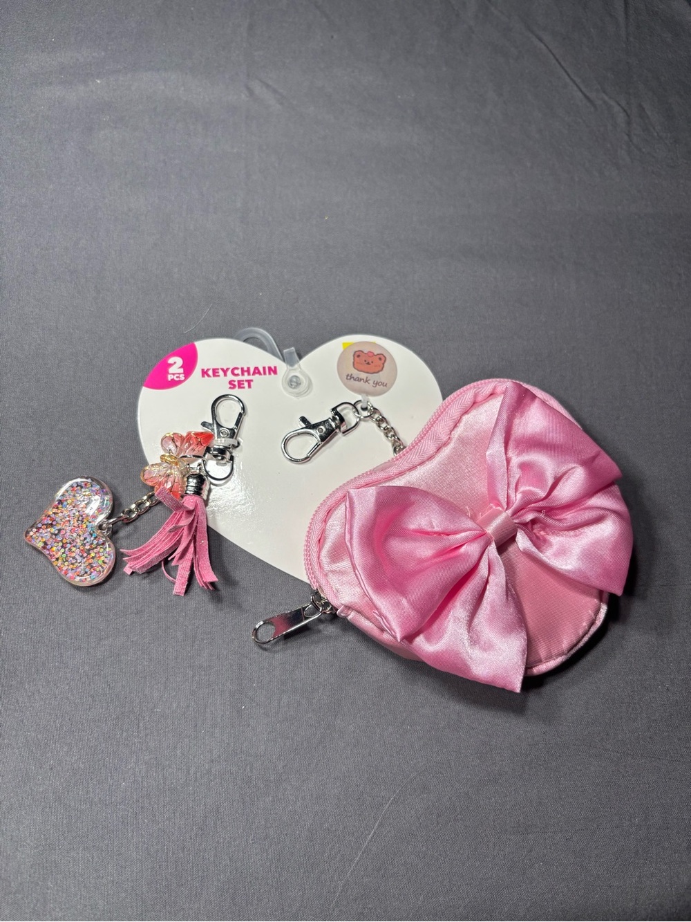 New Pink Bow Heart Coin Purse & Keychain Set of 2